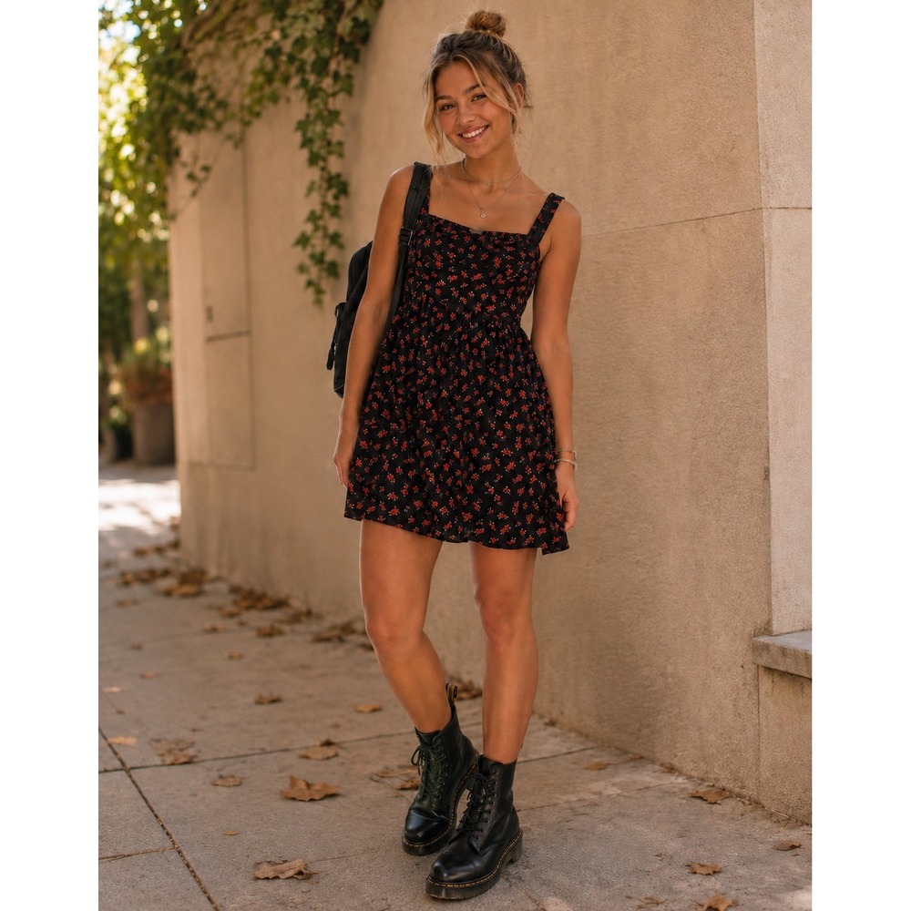 Romantic 90's Grunge Roses Red Floral Mini Dress Edgy Indie Soft Black Fall Sz S